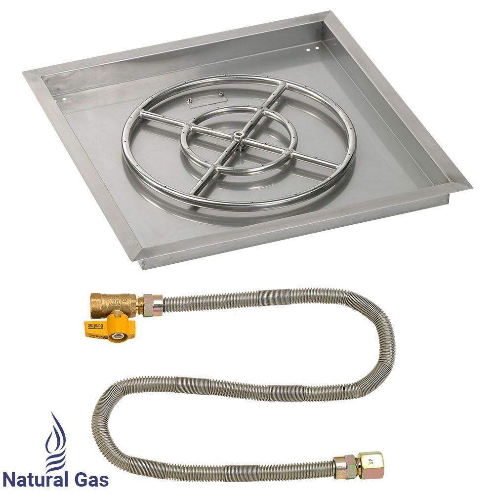 Square metal fire pit burner pan with circular gas burner and silver gas hose set