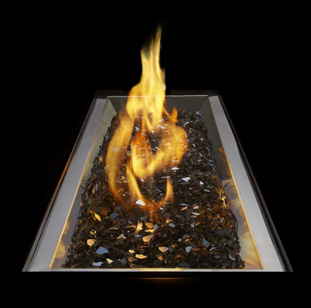 Fire table burner with visible flames over lava rocks inside a metal tray