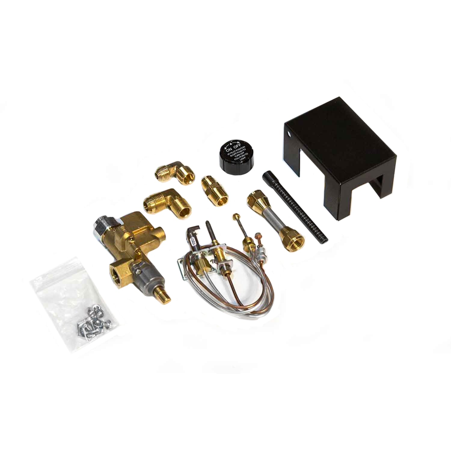 Gas safety pilot mounting kit with metal fittings, tubing, and black bracket