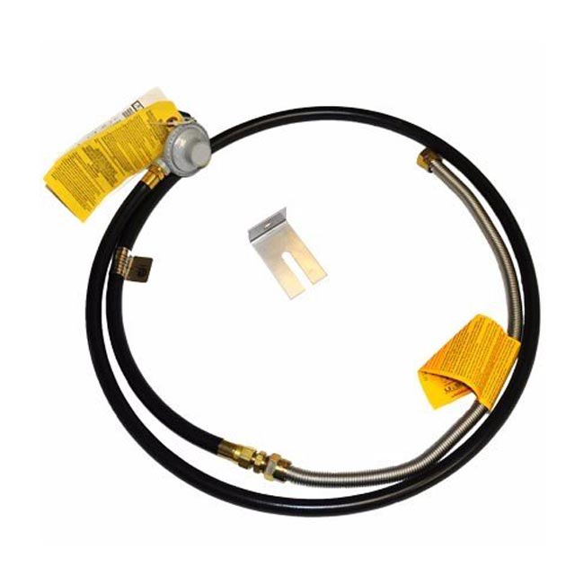 Propane regulator hose kit with black hose and yellow label regulator
