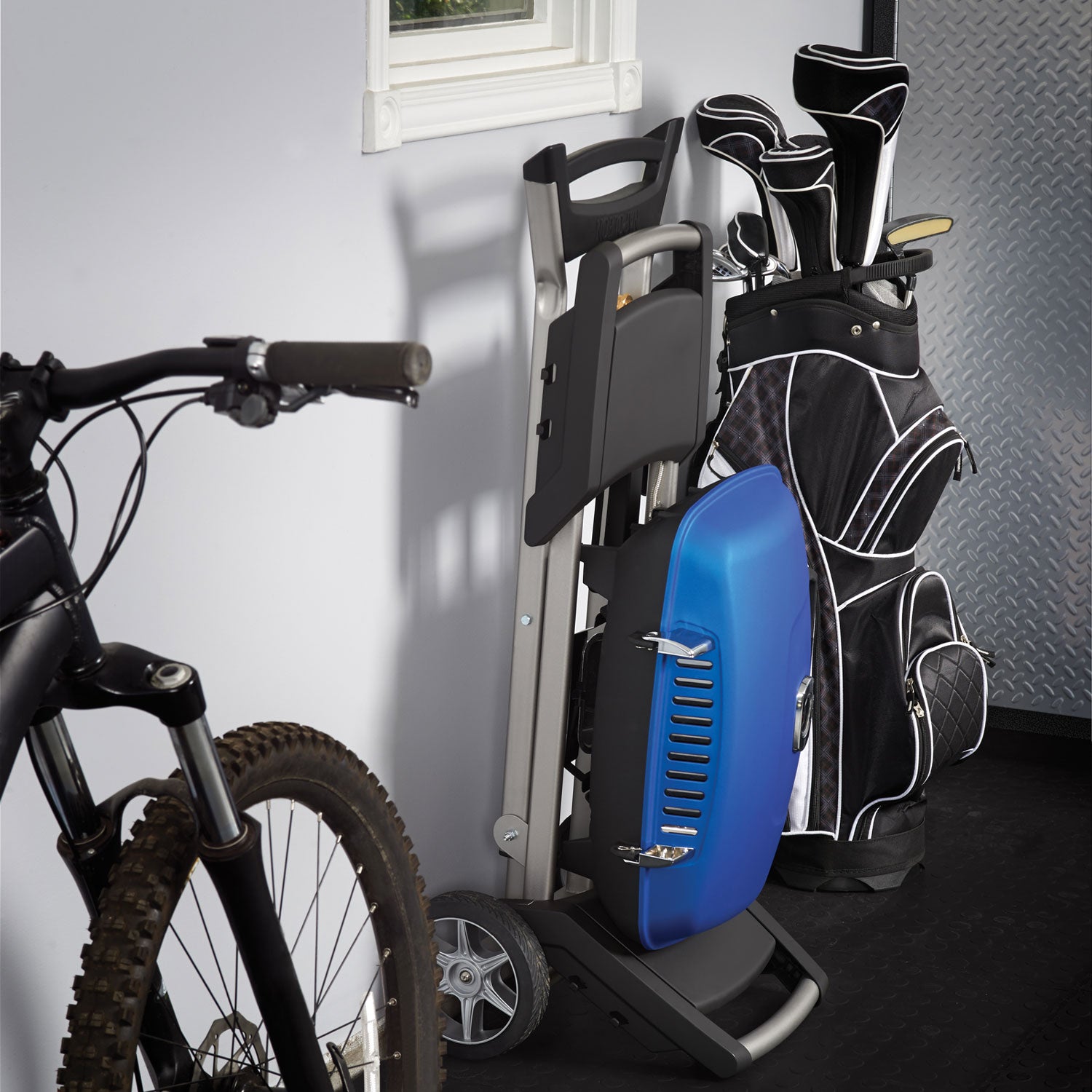 Scissor-cart accessory wall mount with blue storage unit and black grill components