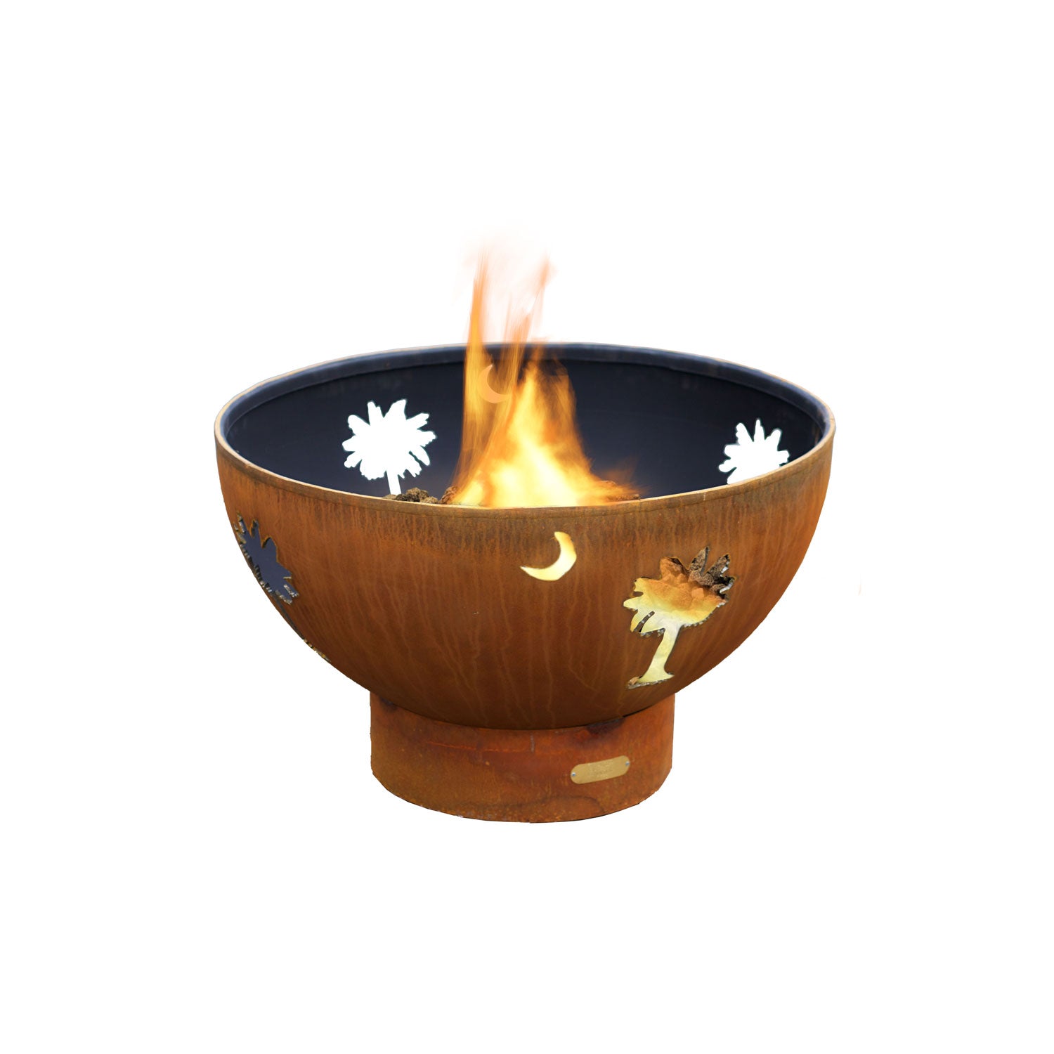 Gas fire pit bowl in bronze with decorative moon and palm flame screen