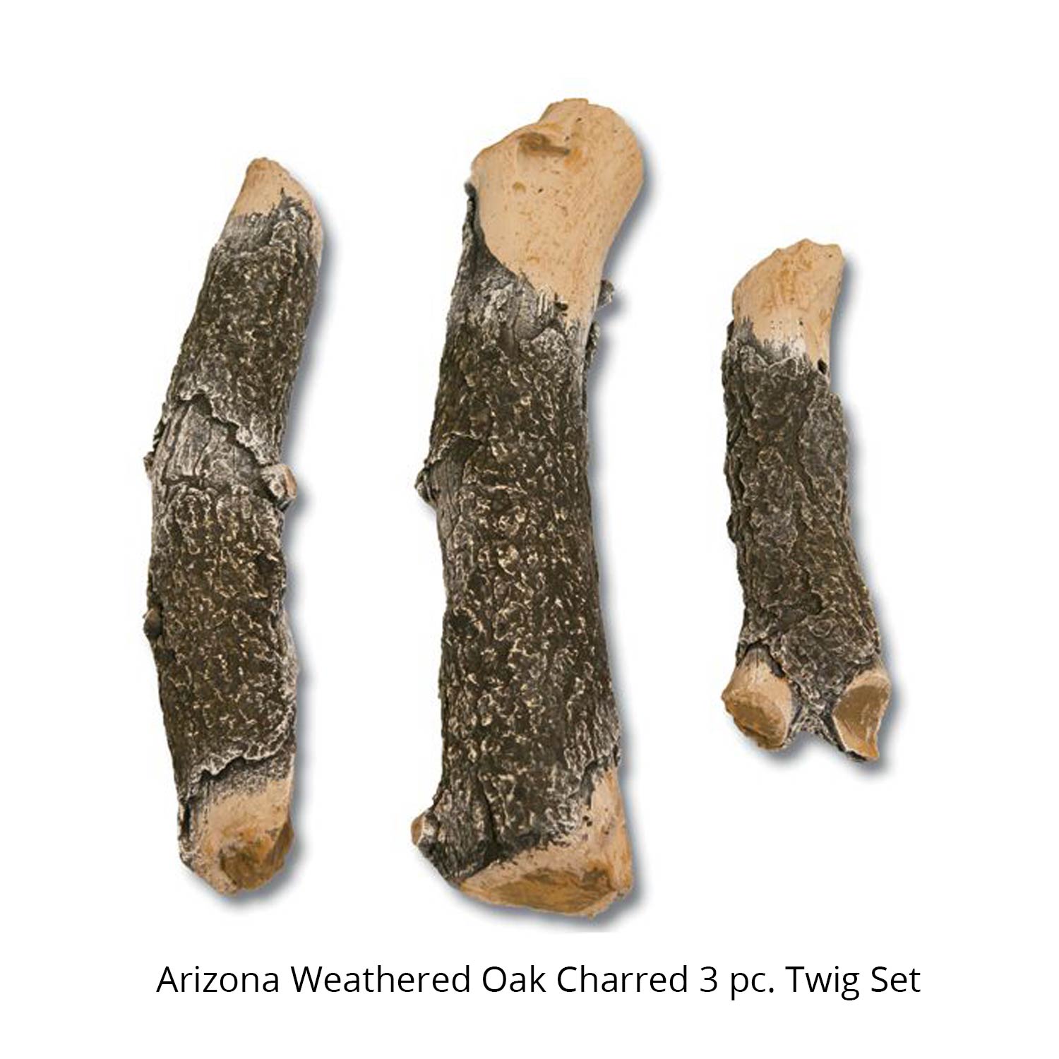 Charred twig set with weathered oak-like logs, 3 pieces, rough bark texture