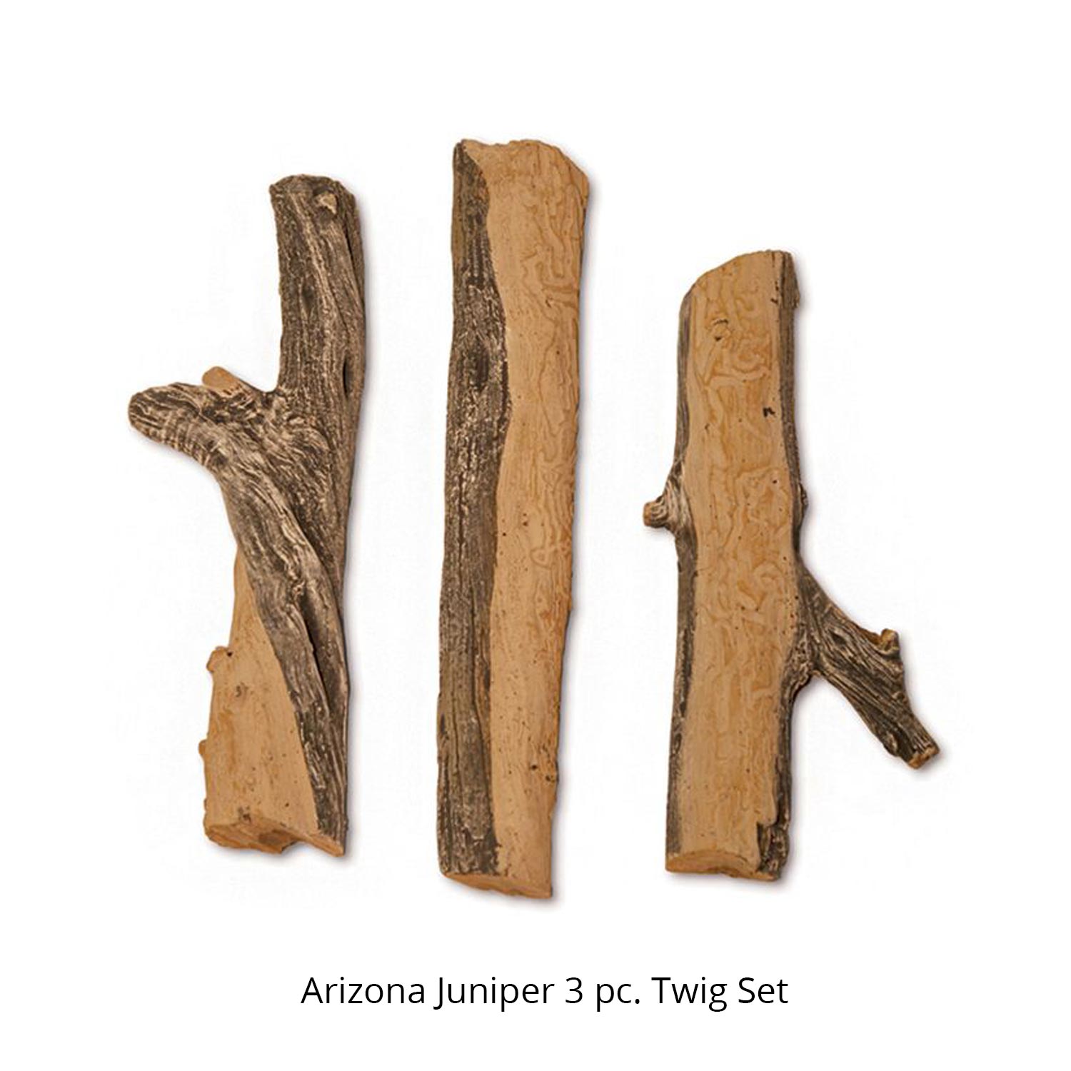 3-piece juniper twig set with textured bark pieces in natural brown
