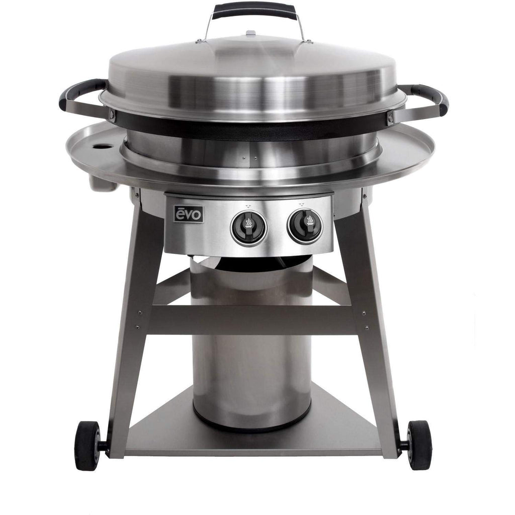 Stainless steel round gas grill on cart, front view with two control knobs