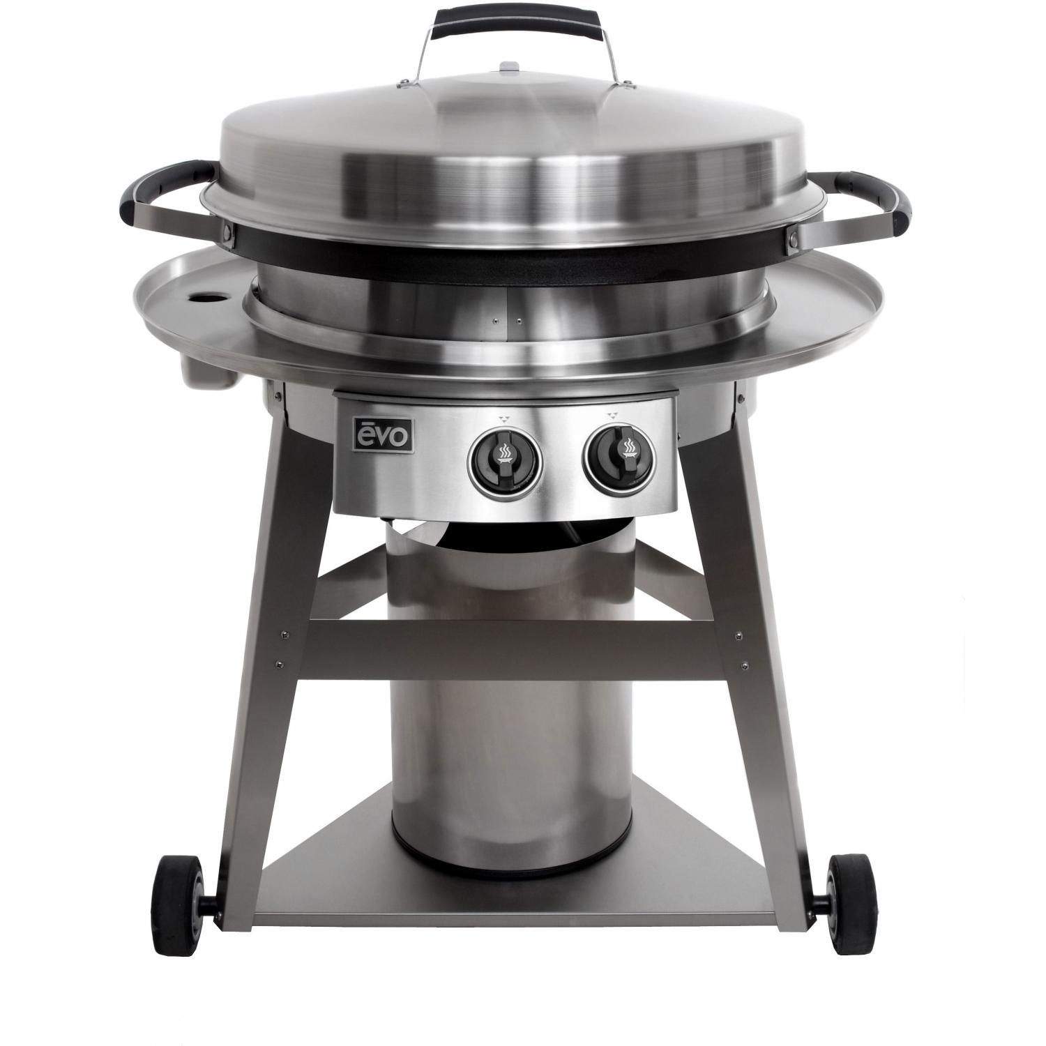 Stainless steel round gas grill on cart, front view with two control knobs