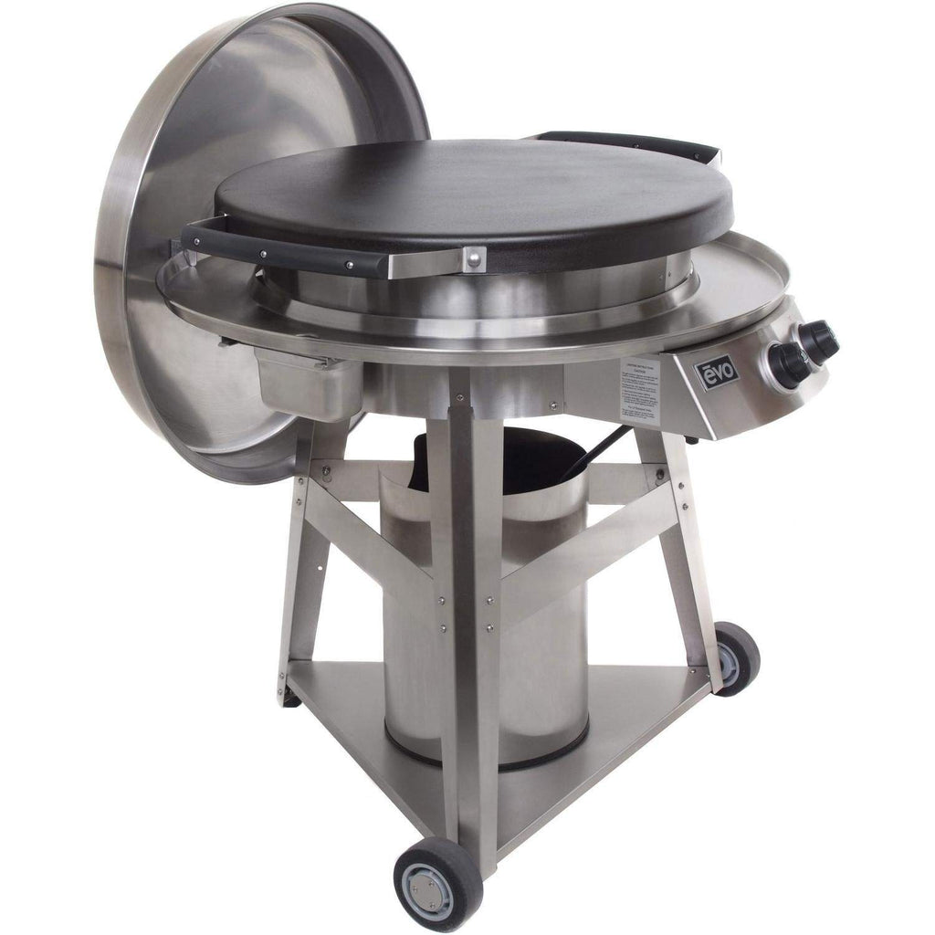 Stainless steel gas grill on cart with open lid and black cooking griddle