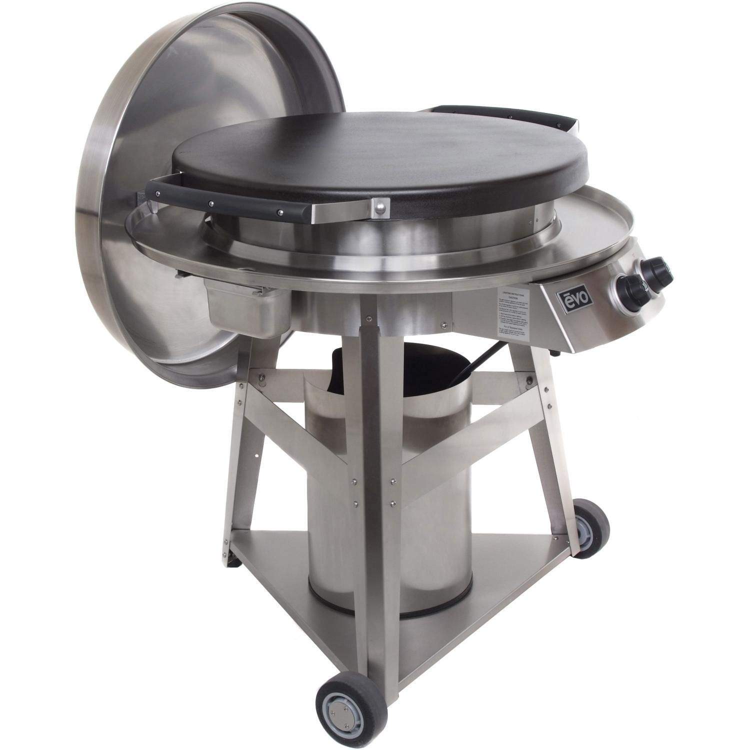 Stainless steel gas grill on cart with open lid and black cooking griddle