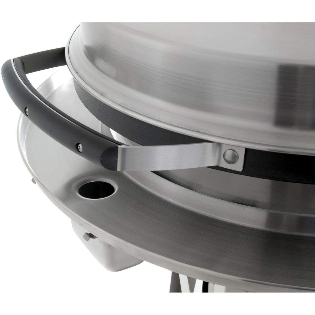 Stainless steel gas grill cart with side vent holes and round lid handle detail
