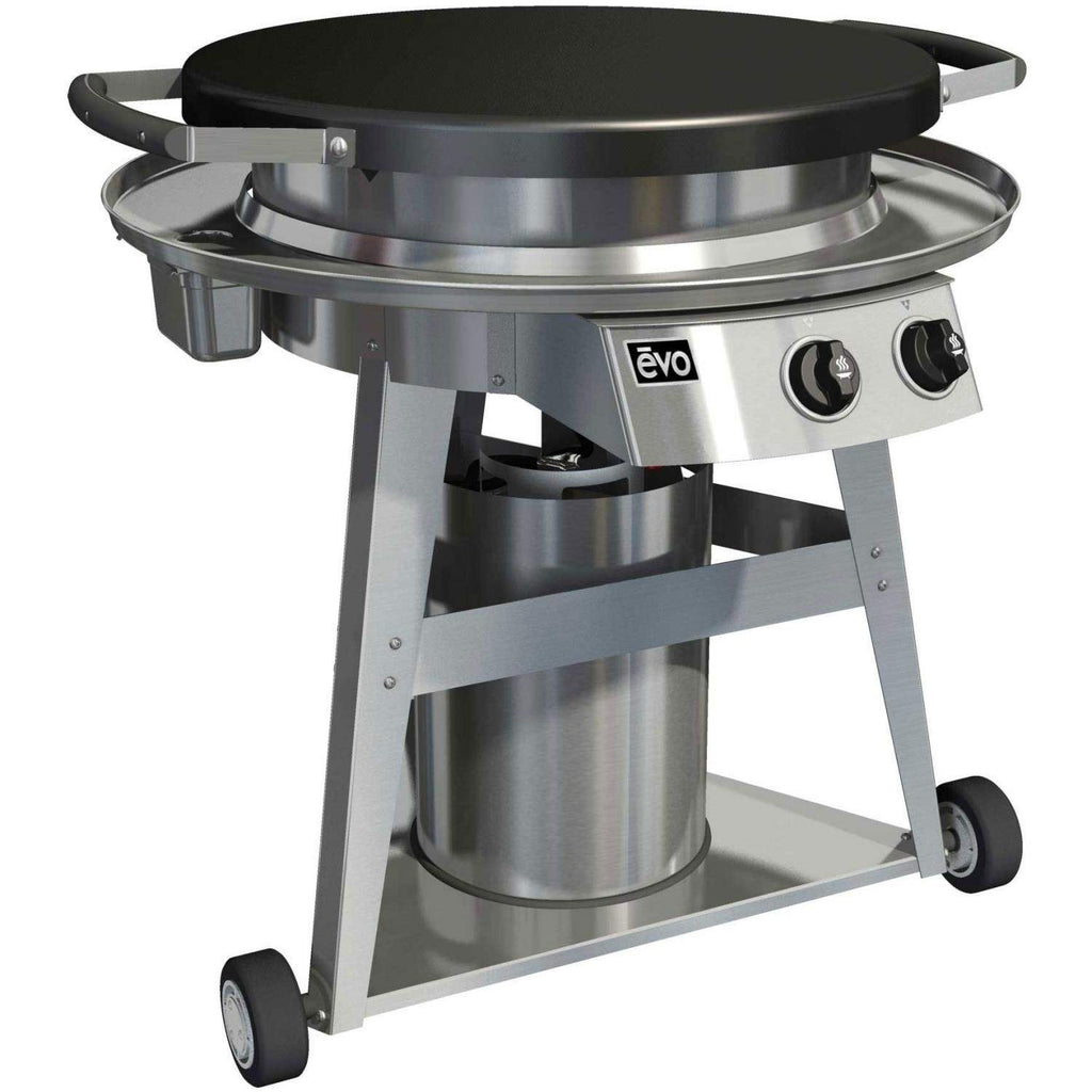 Stainless steel portable gas grill with round lid and side handles on cart